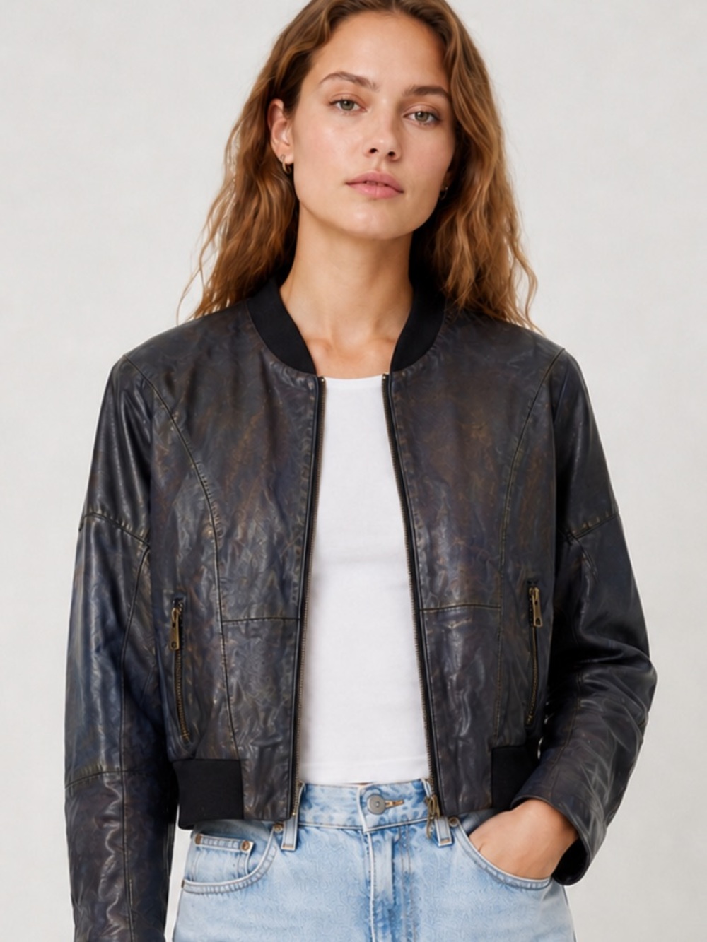 Freaky Nation Retro Girl Leather Jacket Marine Blue